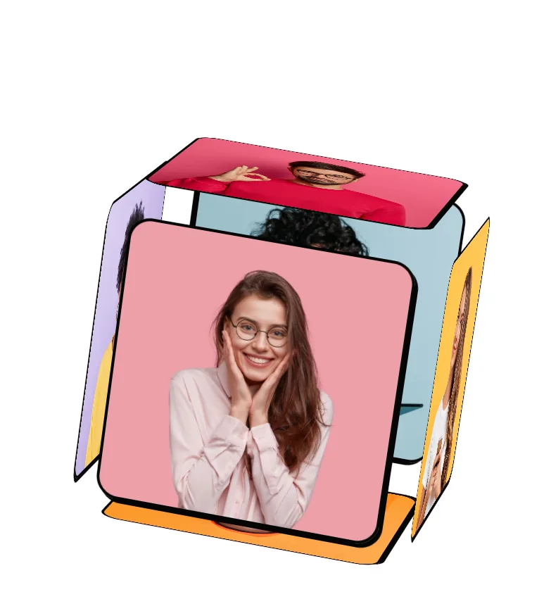 A tilted cube of brand photos with a smiling woman in glasses on the front face