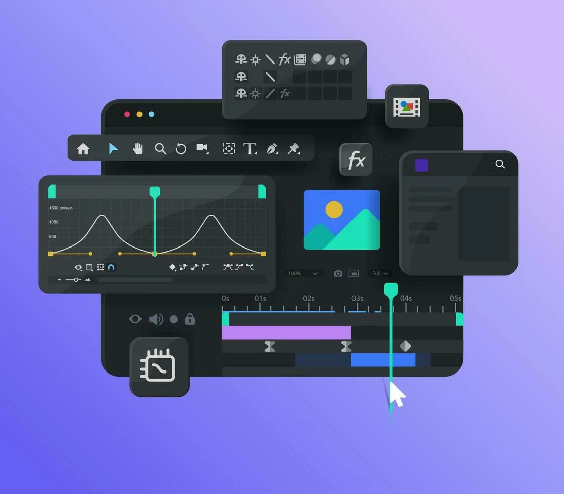 Motion design tools: easing curves, a timeline and floating panels on a purple gradient